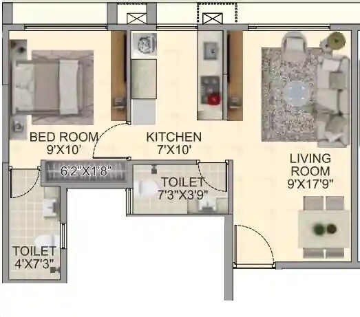 Floor plan of 1 BHK 409 Sq. Ft. Apartment in DD Om Makarand Heights, Mumbai