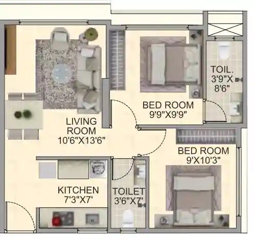 Floor plan of 2 BHK 536 Sq. Ft. Apartment in DD Om Makarand Heights, Mumbai