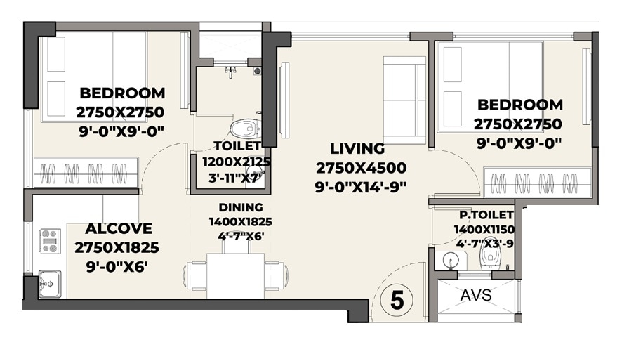 Floor plan of 2 BHK 442 Sq. Ft. Apartment in DD Om Shantivan Skies, Mumbai