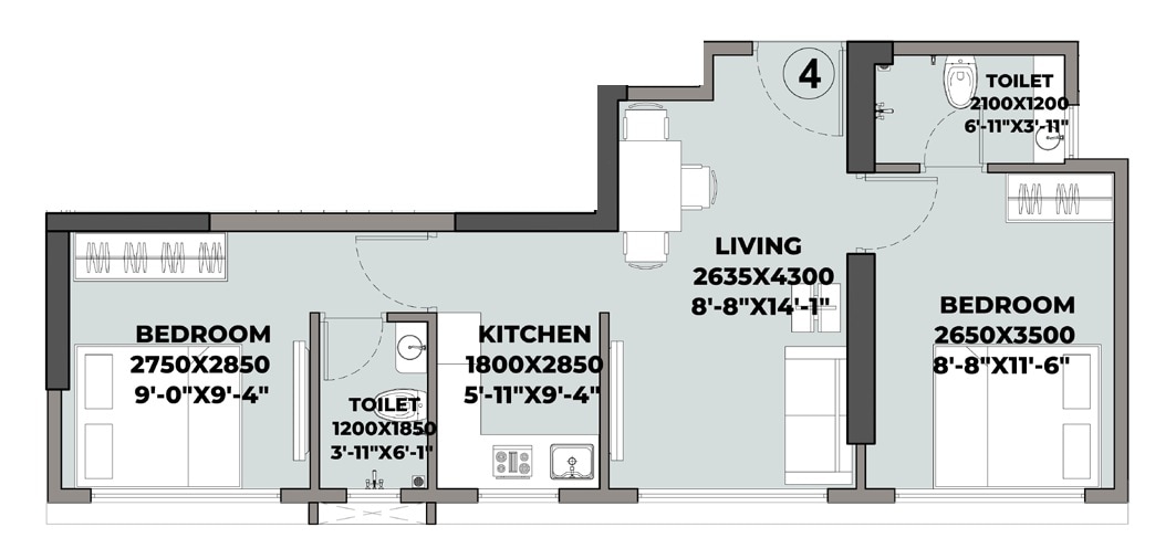Floor plan of 2 BHK 461 Sq. Ft. Apartment in DD Om Shantivan Skies, Mumbai