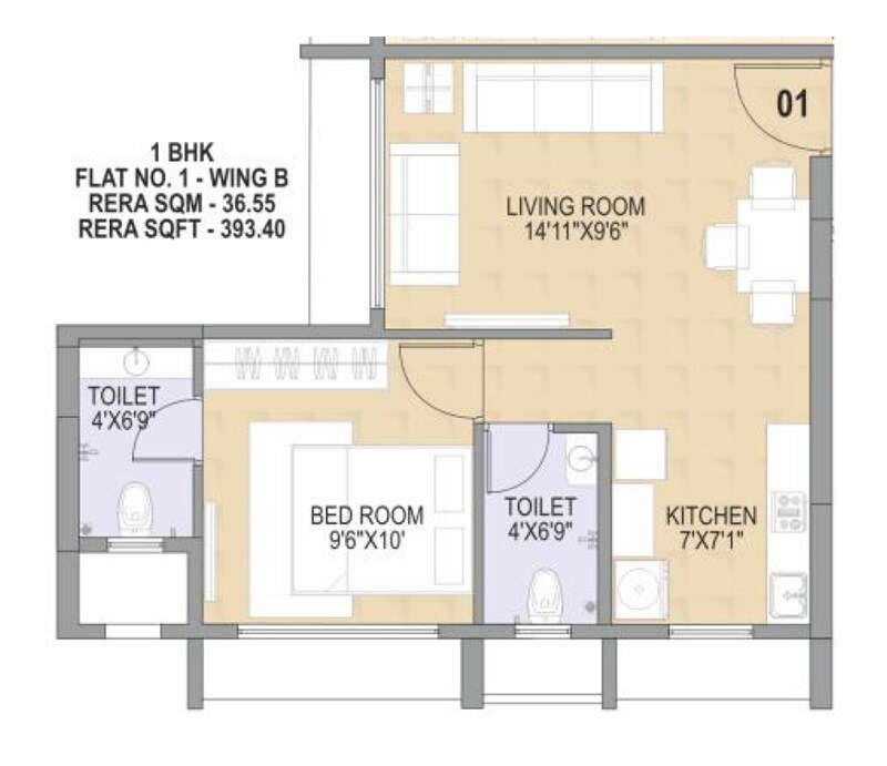 Floor plan of 1 BHK 394 Sq. Ft. Apartment in DD Om Sonal Heights, Mumbai