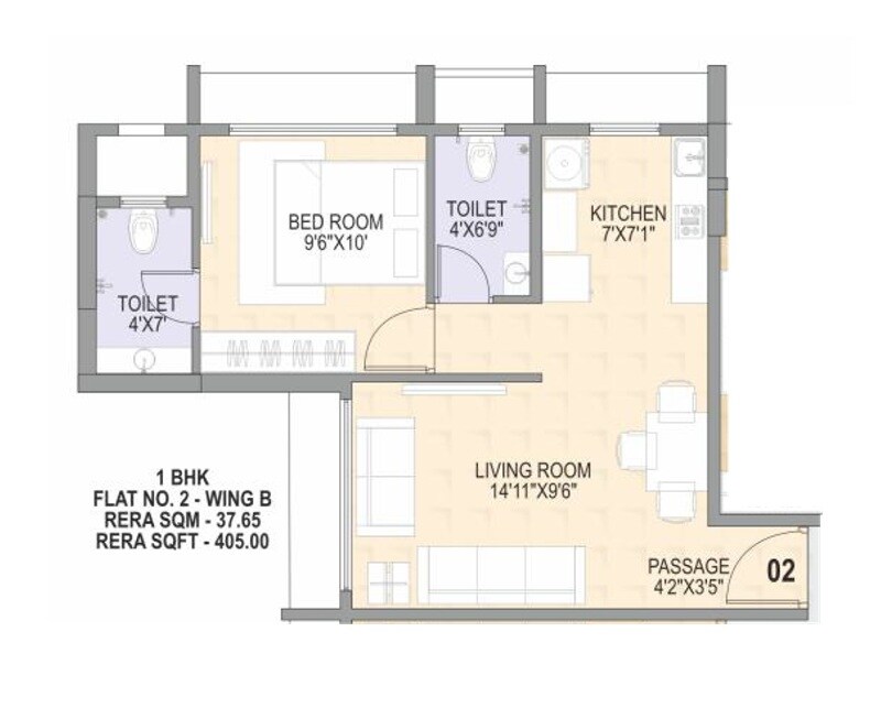 Floor plan of 1 BHK 405 Sq. Ft. Apartment in DD Om Sonal Heights, Mumbai