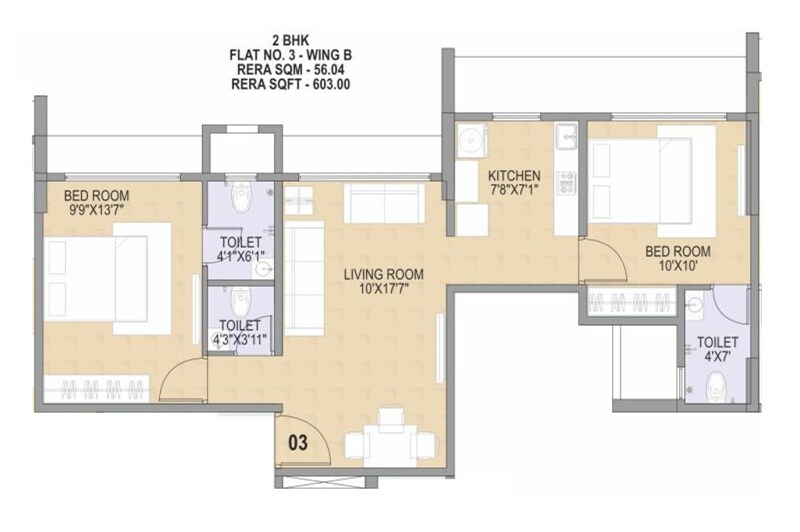 Floor plan of 2 BHK 603 Sq. Ft. Apartment in DD Om Sonal Heights, Mumbai