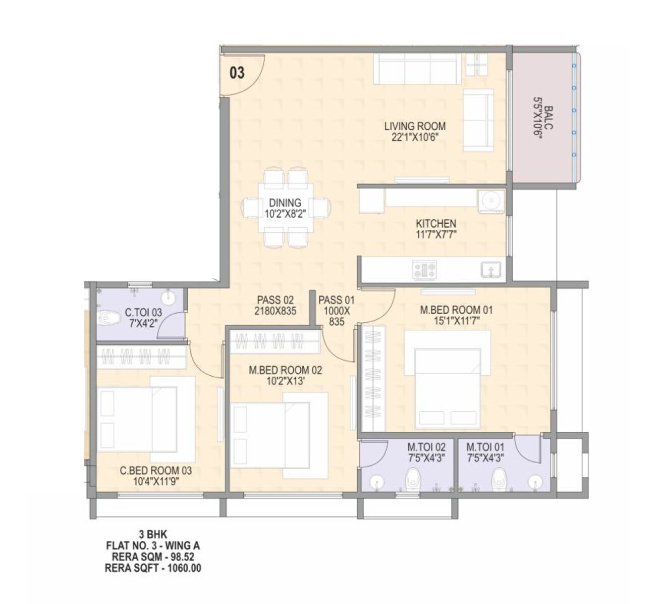 Floor plan of 3 BHK 1060 Sq. Ft. Apartment in DD Om Sonal Heights, Mumbai