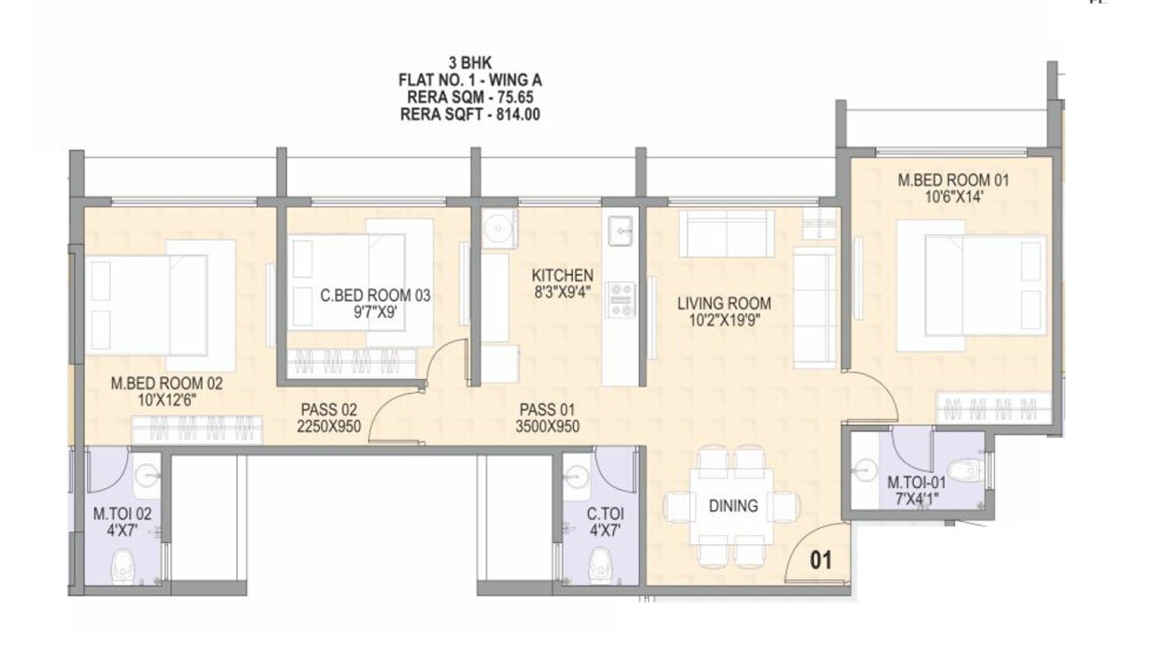 Floor plan of 3 BHK 814 Sq. Ft. Apartment in DD Om Sonal Heights, Mumbai