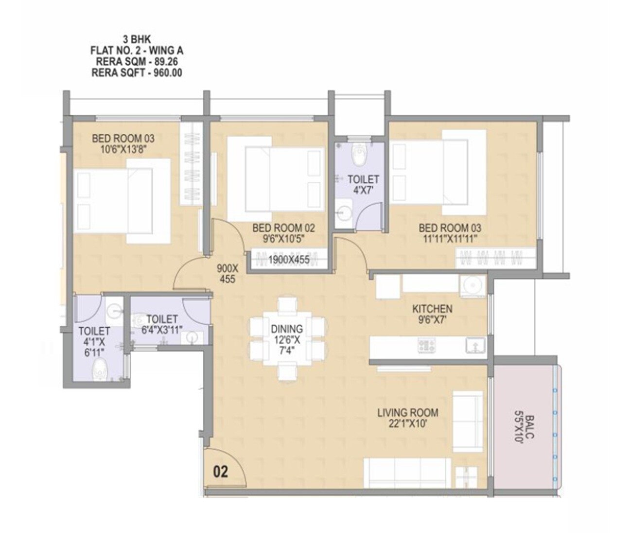 Floor plan of 3 BHK 960 Sq. Ft. Apartment in DD Om Sonal Heights, Mumbai