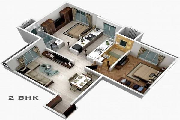 Floor plan of 2 BHK 517 Sq. Ft. Apartment in DE D Emerald Tower, Mumbai