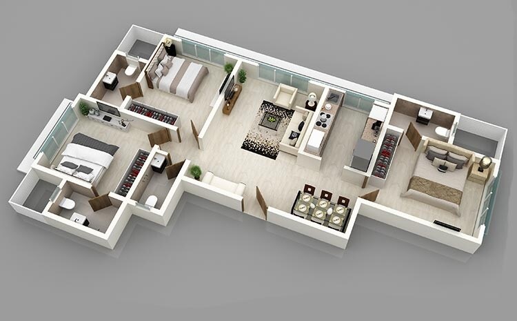Floor plan of 3 BHK 870 Sq. Ft. Apartment in Dedhia Central Palace, Mumbai