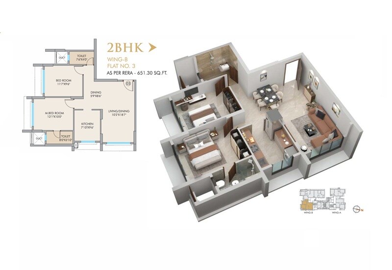 2 BHK 651 Sq. Ft. Apartment