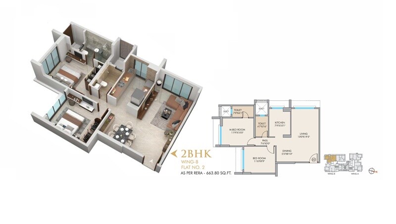 2 BHK 664 Sq. Ft. Apartment