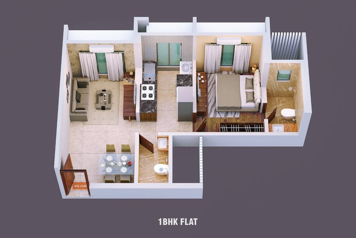 Floor plan of 1 BHK 412 Sq. Ft. Apartment in Dem Cygnus, Mumbai
