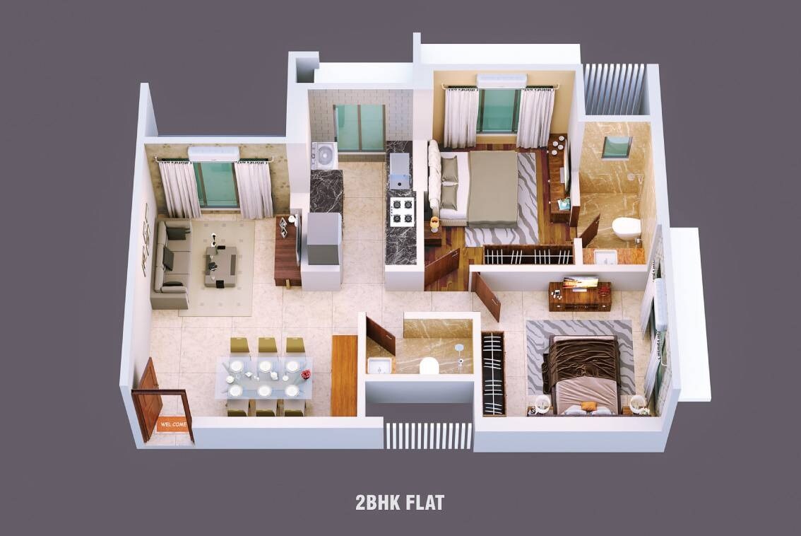 Floor plan of 2 BHK 604 Sq. Ft. Apartment in Dem Cygnus, Mumbai