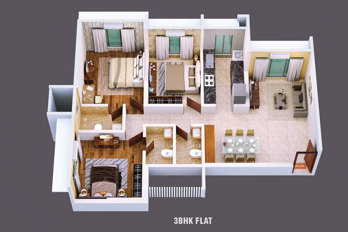 Floor plan of 3 BHK 867 Sq. Ft. Apartment in Dem Cygnus, Mumbai