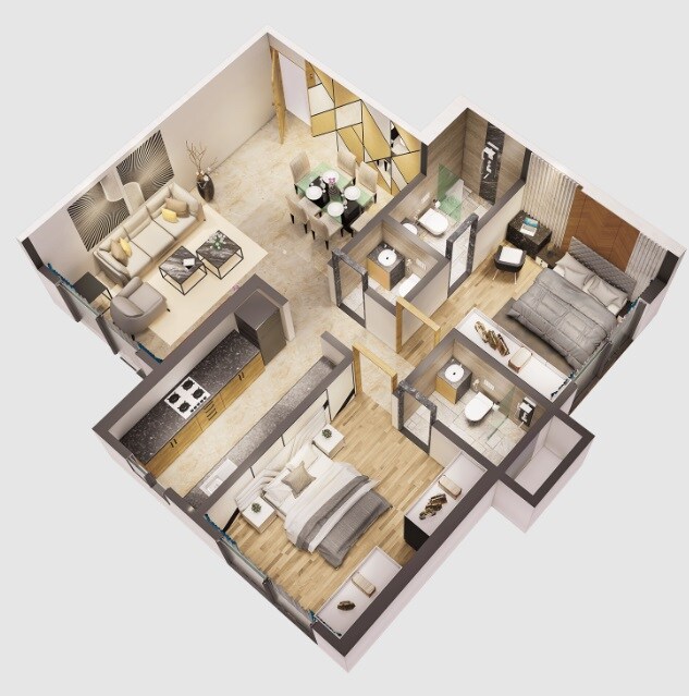 Floor plan of 2 BHK 617 Sq. Ft. Apartment in Dem Icon, Mumbai