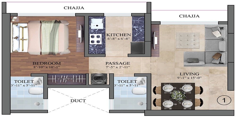 Floor plan of 1 BHK Apartment - 378 sq. ft. in Dem Phoenix, Mumbai