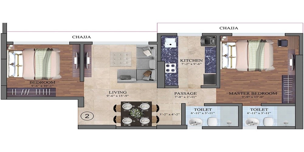 Floor plan of 2 BHK Apartment - 538 sq. ft. in Dem Phoenix, Mumbai