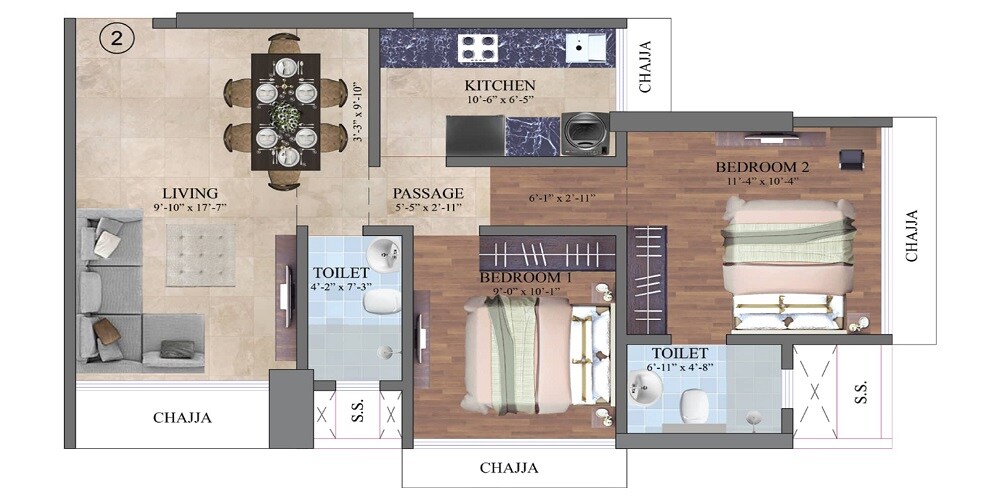 Floor plan of 2 BHK 611 Sq. Ft. Apartment in Dem Shri Siddhivinayak, Mumbai