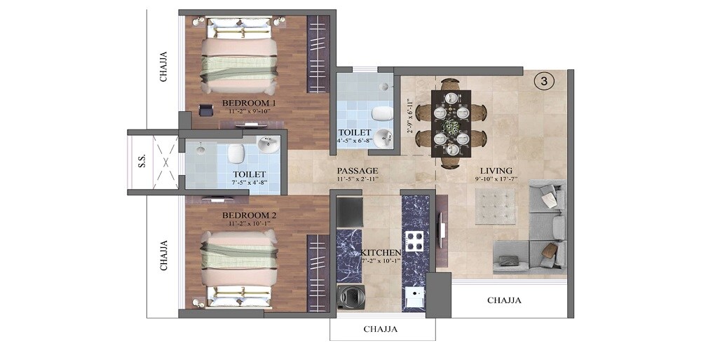 Floor plan of 2 BHK 632 Sq. Ft. Apartment in Dem Shri Siddhivinayak, Mumbai
