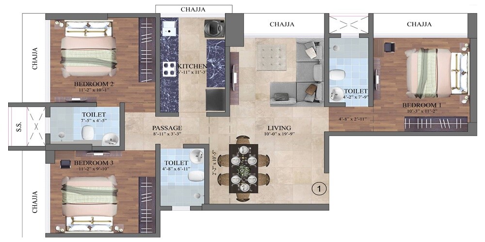 Floor plan of 3 BHK 832 Sq. Ft. Apartment in Dem Shri Siddhivinayak, Mumbai