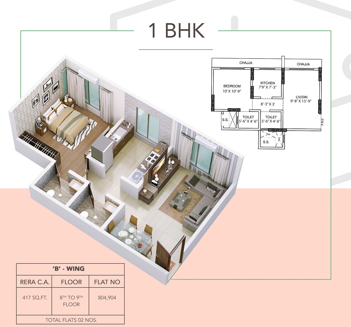 Floor plan of 1 BHK 417 Sq. Ft. Apartment in Dem Swashraya, Mumbai