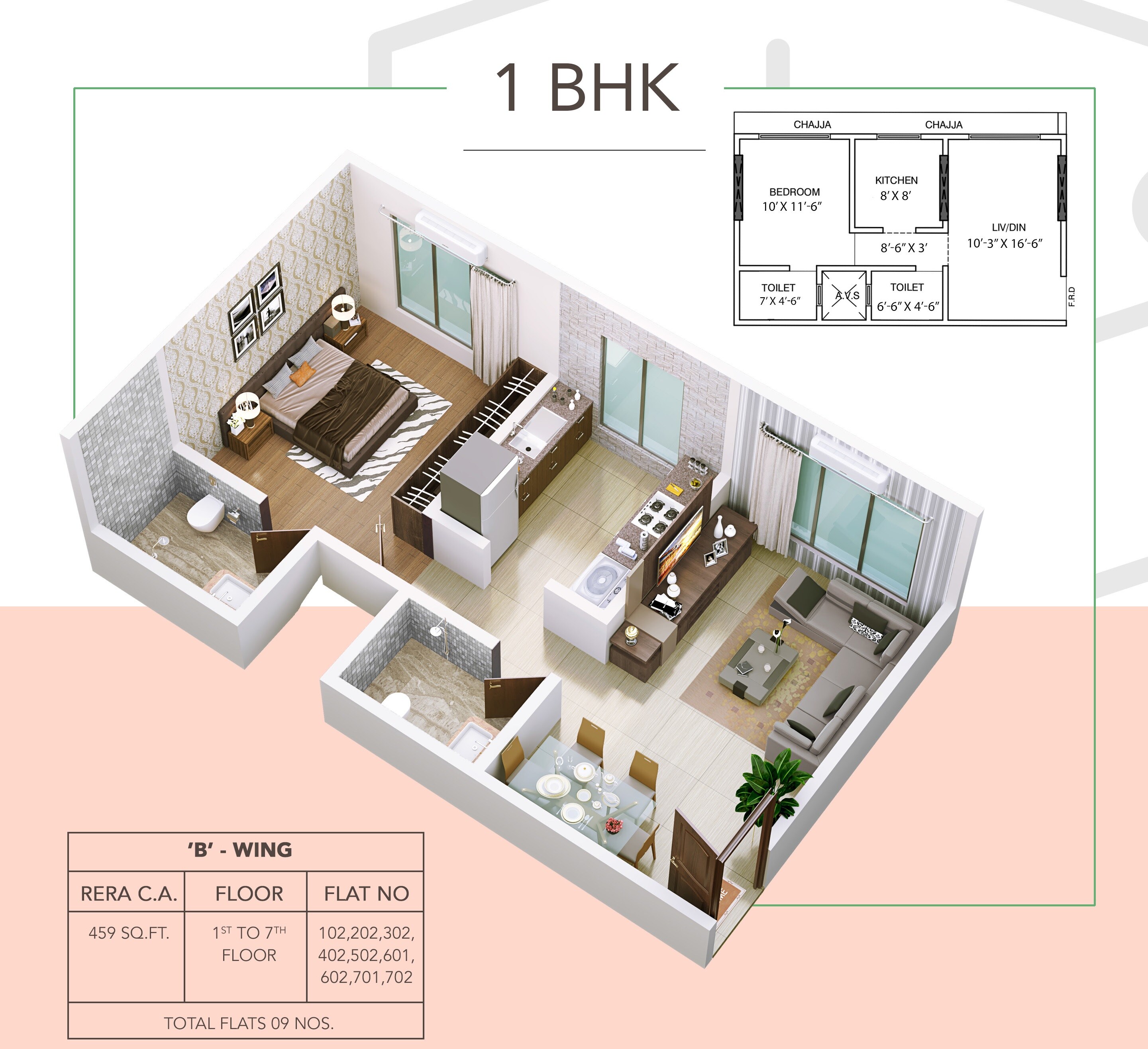 Floor plan of 1 BHK 459 Sq. Ft. Apartment in Dem Swashraya, Mumbai