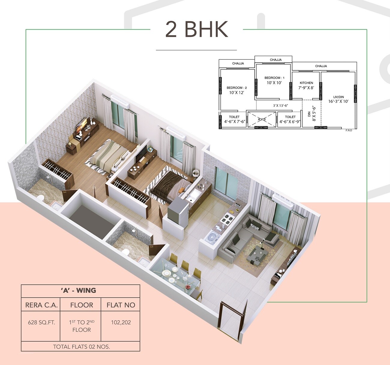 Floor plan of 2 BHK 628 Sq. Ft. Apartment in Dem Swashraya, Mumbai