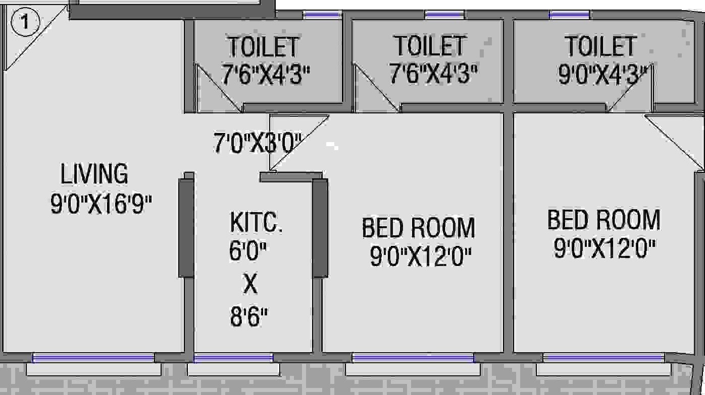 Floor plan of 2 BHK 581 Sq. Ft. Apartment in Deraiya Classico, Mumbai