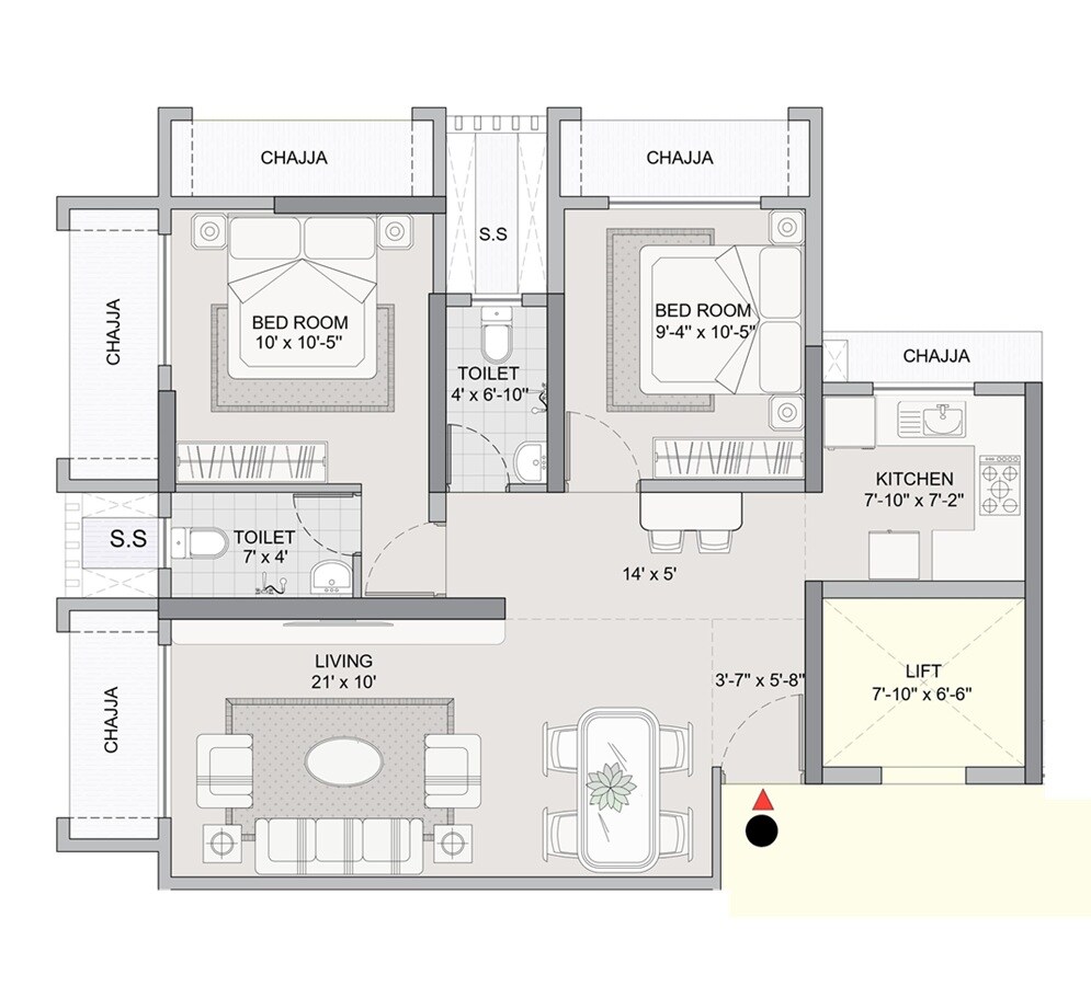 Floor plan of 2 BHK 670 Sq. Ft. Apartment in Dev Leo Tower, Mumbai