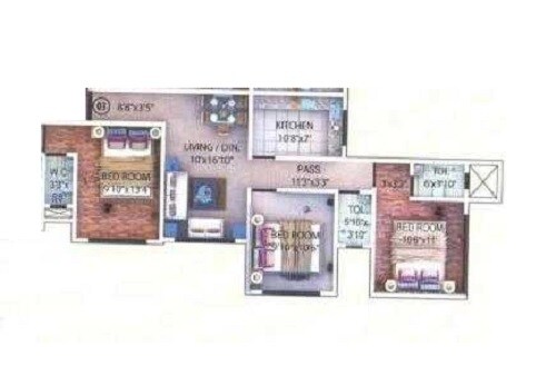 Floor plan of 2 BHK 677 Sq. Ft. Apartment in Devtaa Vijay Chs, Mumbai
