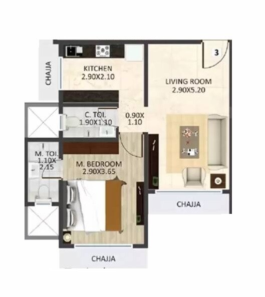 Floor plan of 1 BHK 337 Sq. Ft. Apartment in DGS Heights, Mumbai