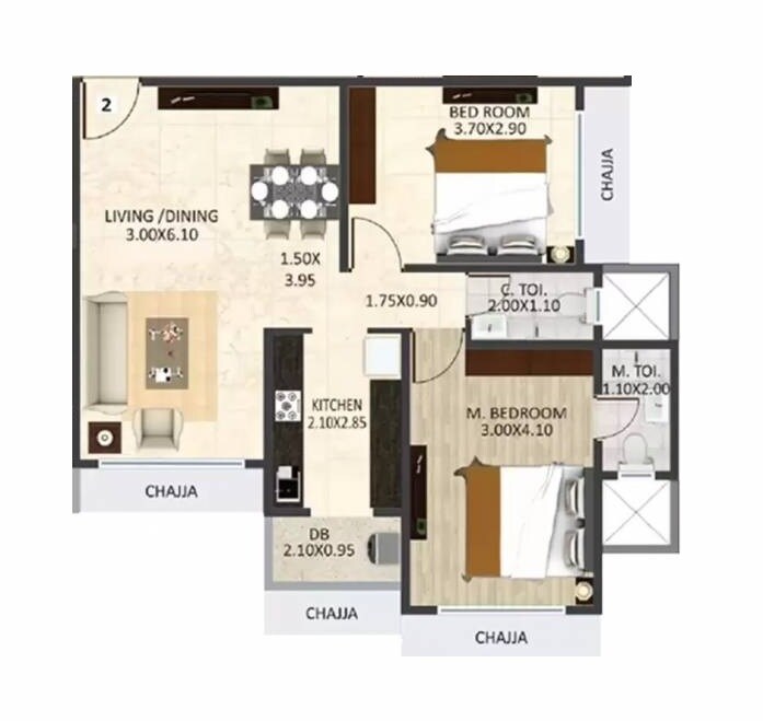 Floor plan of 2 BHK 624 Sq. Ft. Apartment in DGS Heights, Mumbai