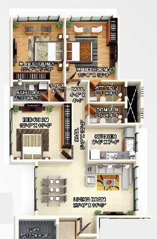 Floor plan of 3 BHK 887 Sq. Ft. Apartment in DGS Sheetal Airwings, Mumbai
