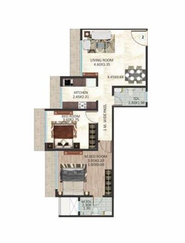 Floor plan of 2 BHK 557 Sq. Ft. Apartment in DGS Sheetal Aniket, Mumbai