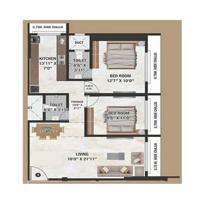 Floor plan of 2 BHK 612 Sq. Ft. Apartment in DGS Sheetal Ekta, Mumbai