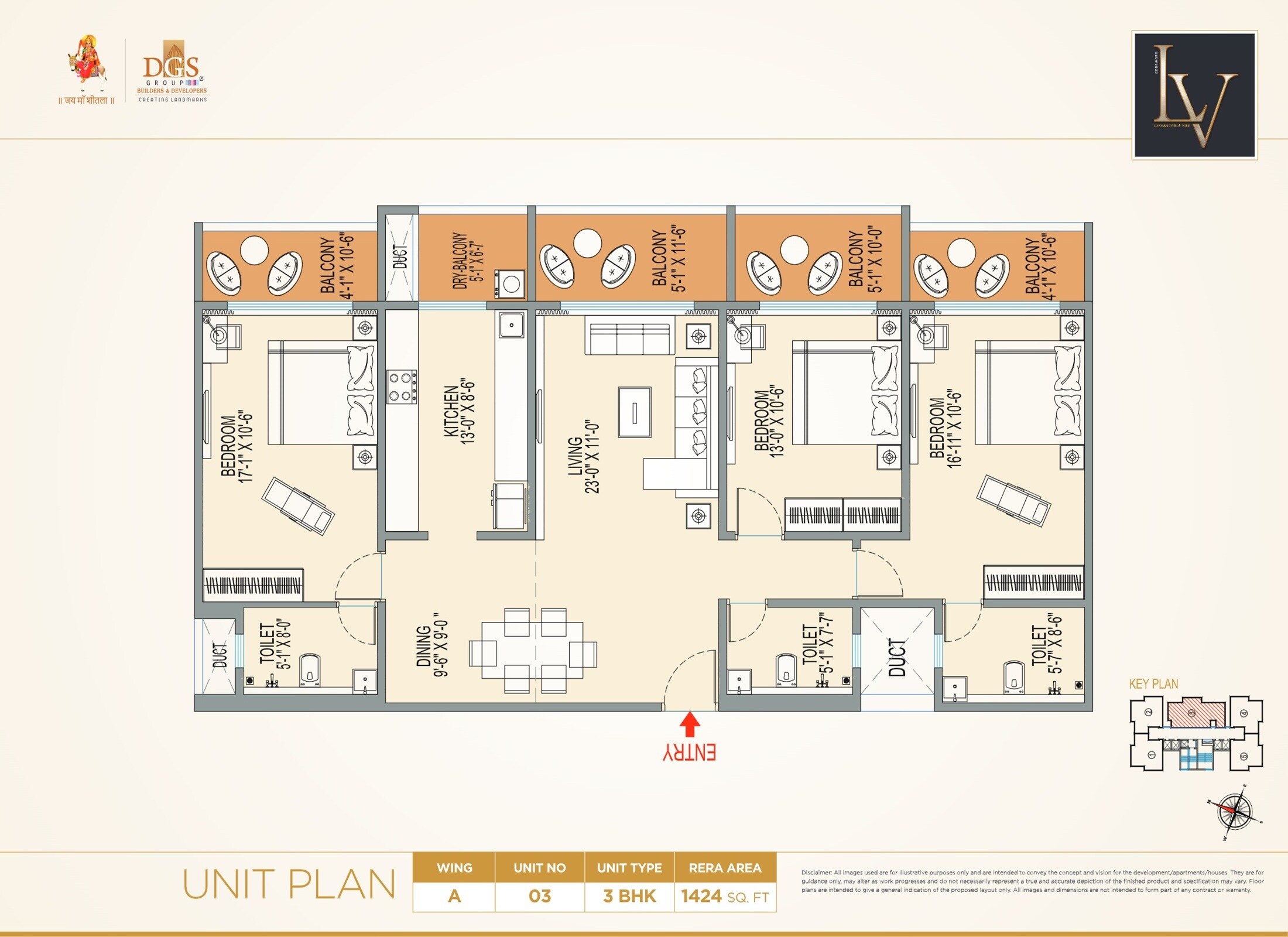 Floor plan of 3 BHK 1424 Sq. Ft. Apartment in DGS Sheetal Elara, Mumbai