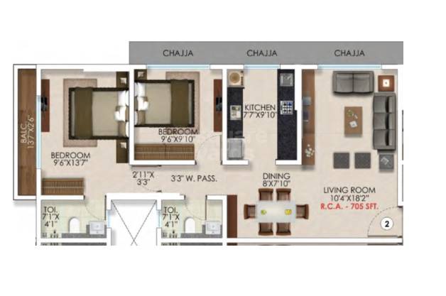Floor plan of 2 BHK 705 Sq. Ft. Apartment in DGS Sheetal Inder Mohini, Mumbai