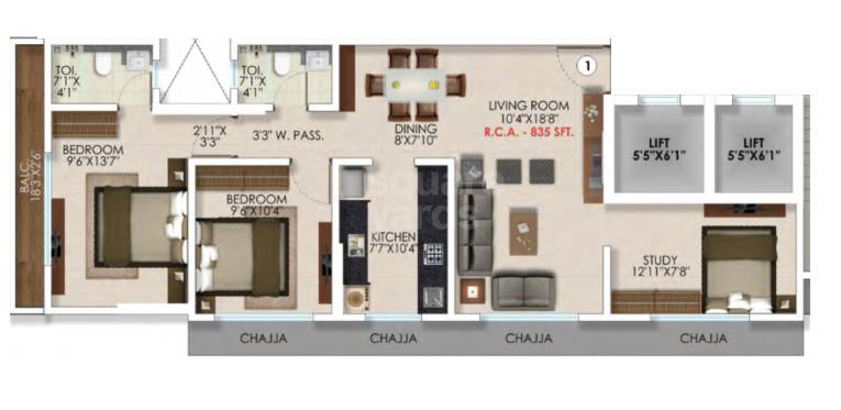 Floor plan of 3 BHK 835 Sq. Ft. Apartment in DGS Sheetal Inder Mohini, Mumbai