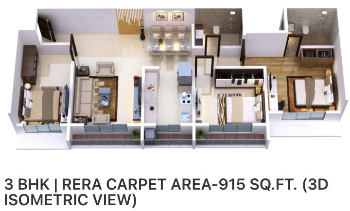 Floor plan of 3 BHK 915 Sq. Ft. Apartment in DGS Sheetal Inder Mohini, Mumbai