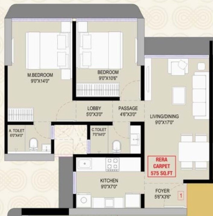 Floor plan of 2 BHK 575 Sq. Ft. Apartment in DGS Sheetal Infinity, Mumbai