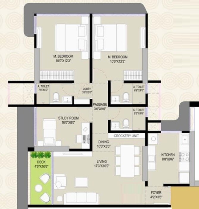 Floor plan of 3 BHK 830 Sq. Ft. Apartment in DGS Sheetal Infinity, Mumbai