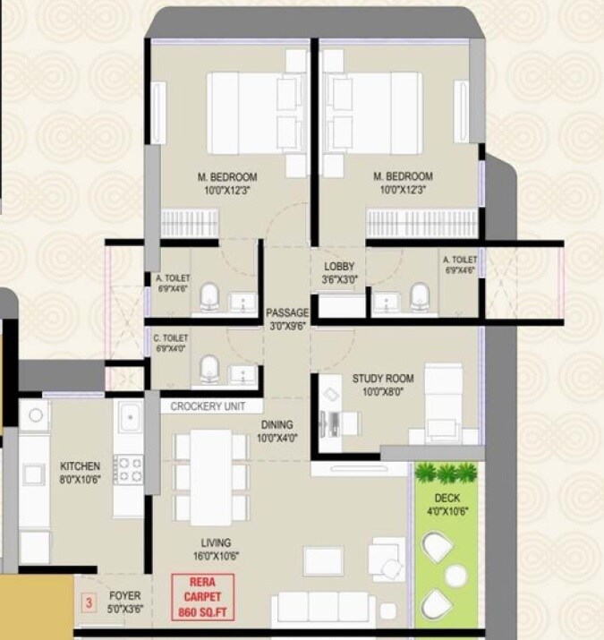 3 BHK 860 Sq. Ft. Apartment