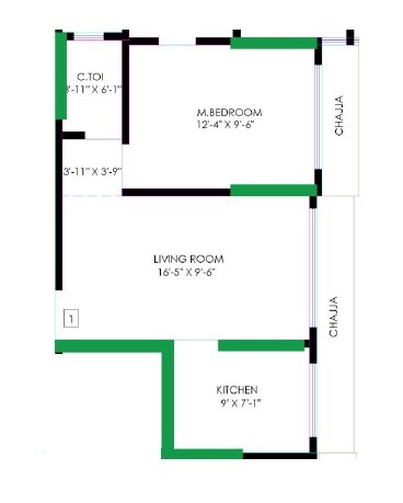 Floor plan of 1 BHK 425 Sq. Ft. Apartment in DGS Sheetal Meghdoot, Mumbai