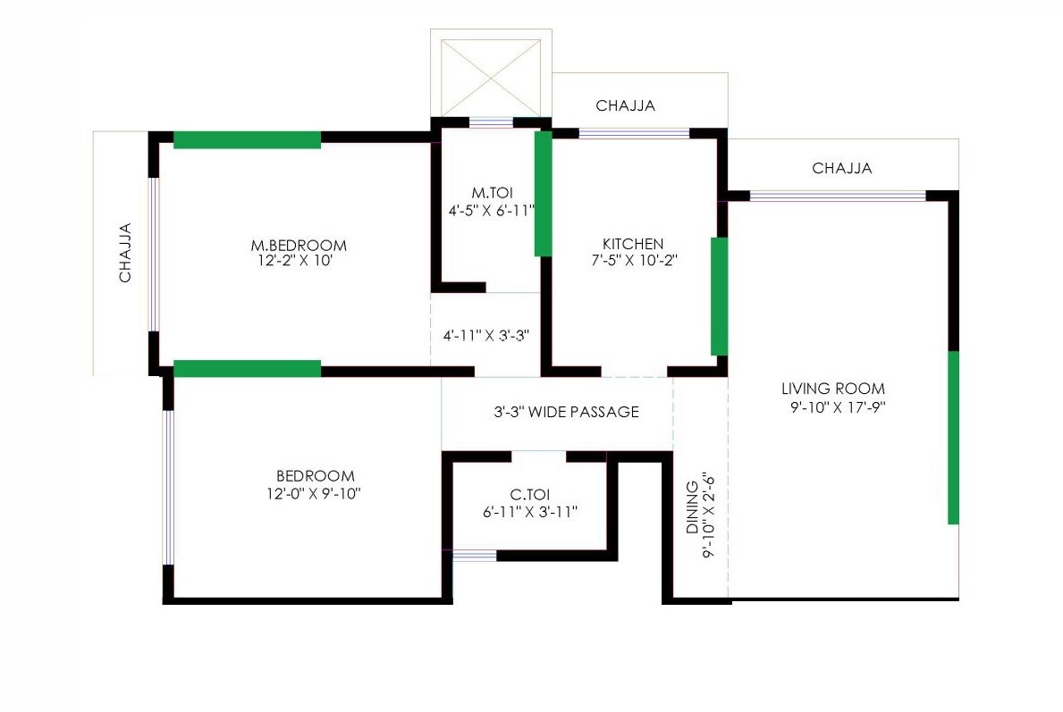 Floor plan of 2 BHK 834 Sq. Ft. Apartment in DGS Sheetal Meghdoot, Mumbai