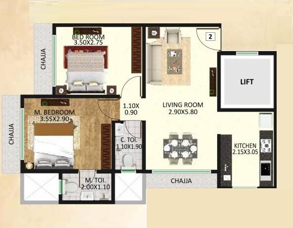 Floor plan of 2 BHK 474 Sq. Ft. Apartment in DGS Sheetal Om Jay Aradhana, Mumbai