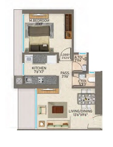 Floor plan of 1 BHK 454 Sq. Ft. Apartment in DGS Sheetal Regalia, Mumbai