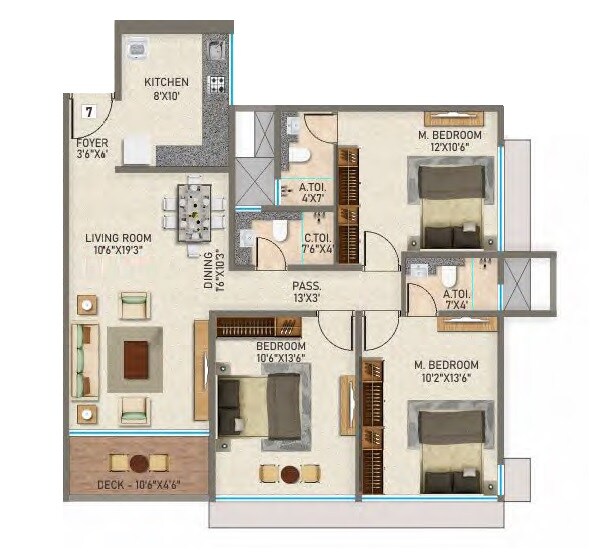 Floor plan of 3 BHK 715 Sq. Ft. Apartment in DGS Sheetal Regalia, Mumbai