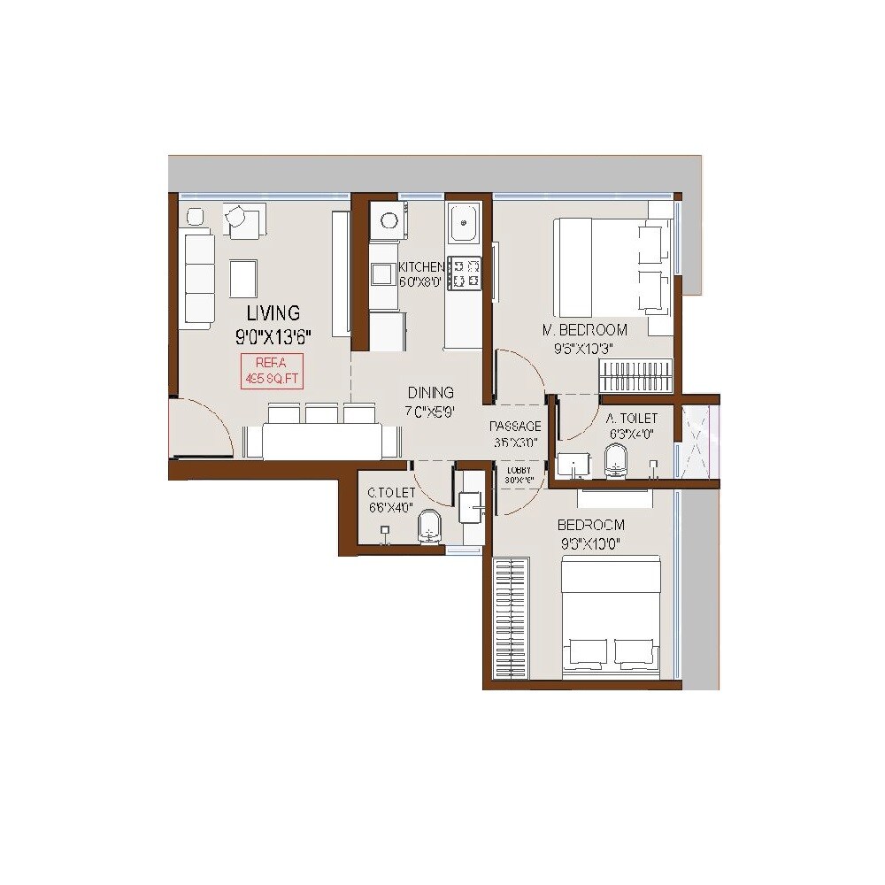Floor plan of 2 BHK 495 Sq. Ft. Apartment in DGS Sheetal Sahyog, Mumbai