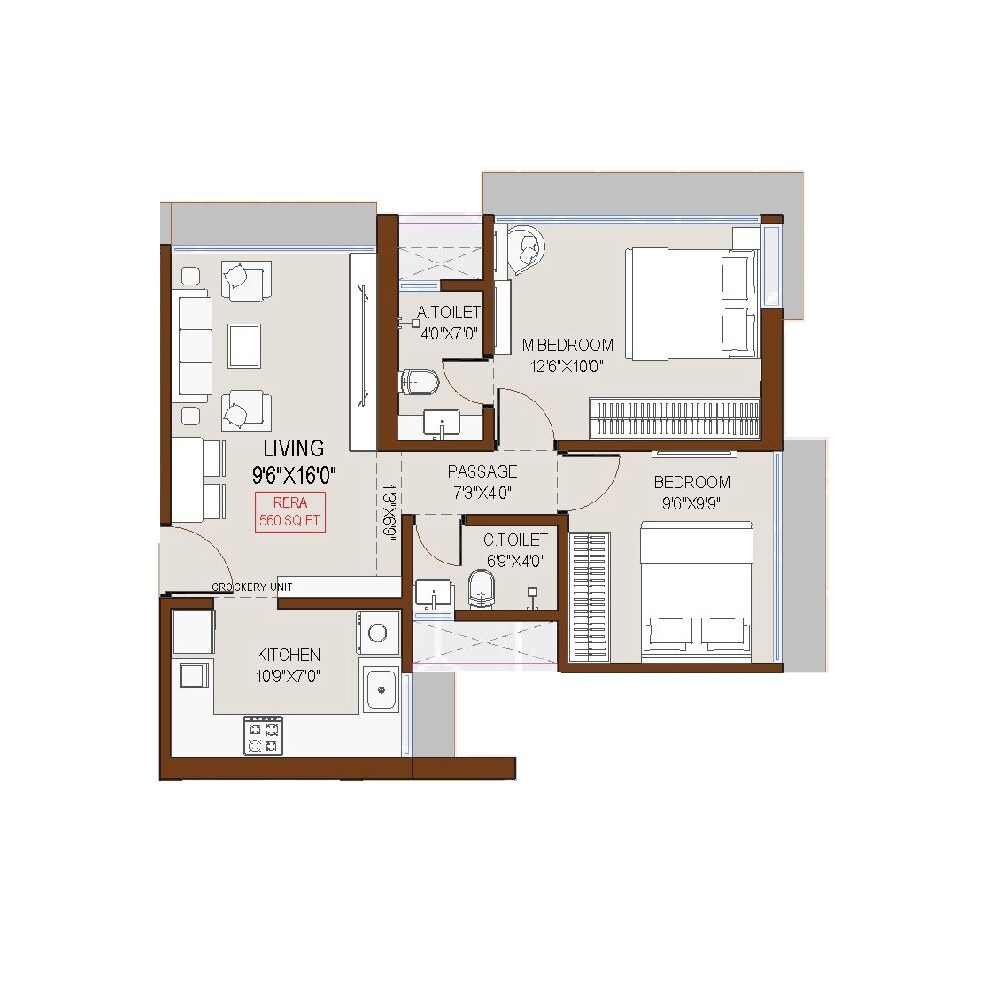 2 BHK 560 Sq. Ft. Apartment