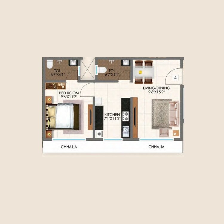 1 BHK 410 Sq. Ft. Apartment