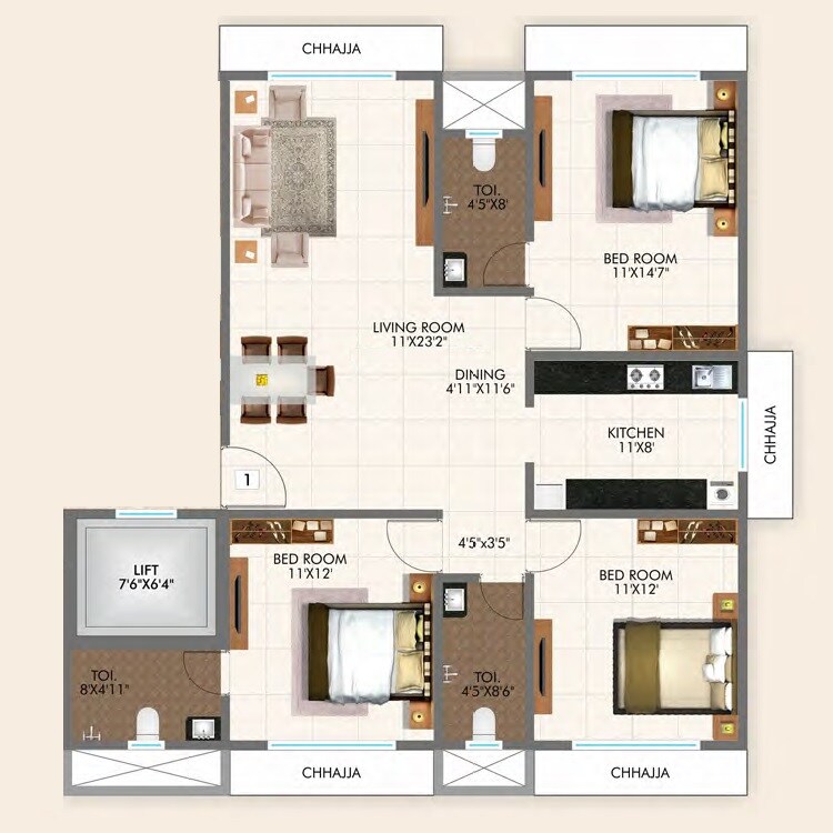 3 BHK 1002 Sq. Ft. Apartment